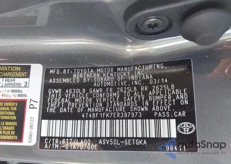 2014 Toyota Camry Xle z USA, uszkodzony, nr VIN 4T4BF1FK7ER397973